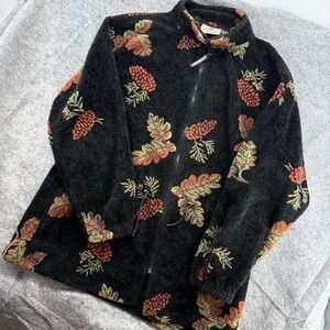 Black Mountain Fleece Jacket 90s XL Black Pinecone Oak‎ Leaf Full Zip Mock Neck